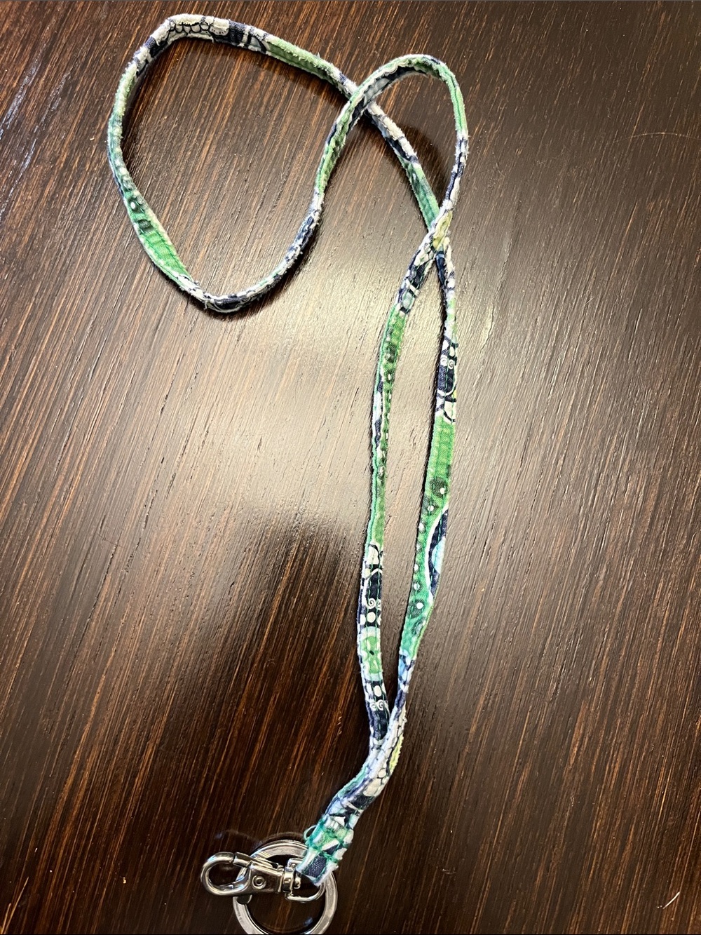 Green & Navy Patterned Fabric Lanyard with Key Ring